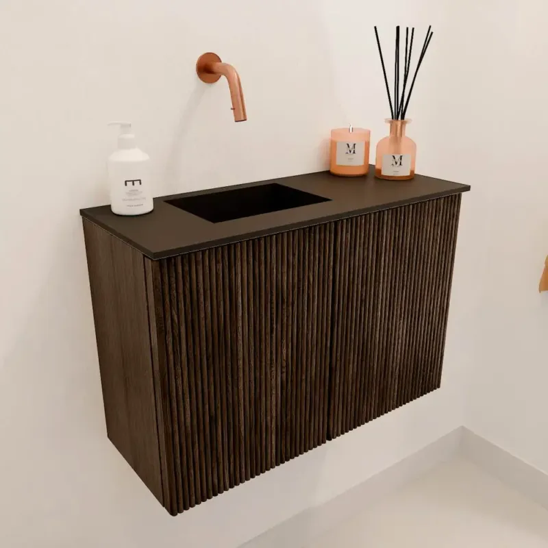 Mondiaz Joya 60cm toiletmeubel walnut met wastafel faye links zonder kraangat urban Lage Kosten
