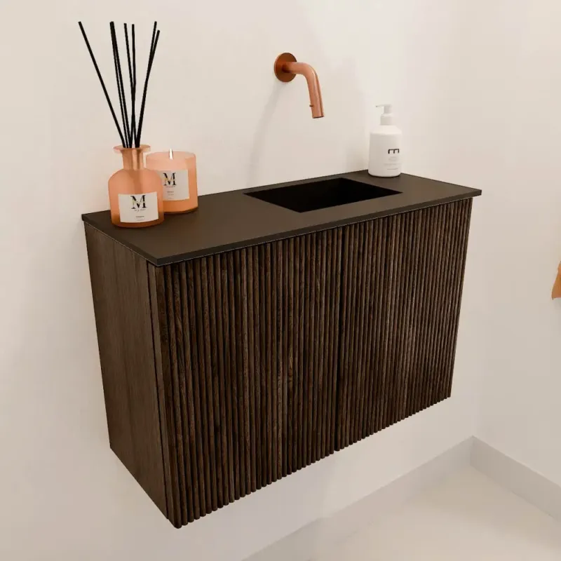 Mondiaz Joya 60cm toiletmeubel walnut met wastafel faye rechts zonder kraangat urban Op = Op