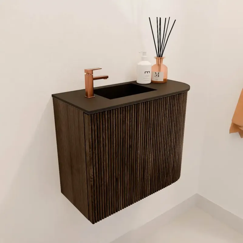 Beste Prijs Mondiaz Joya 50cm toiletmeubel ronding rechts walnut met wastafel faye links 1 kraangat urban