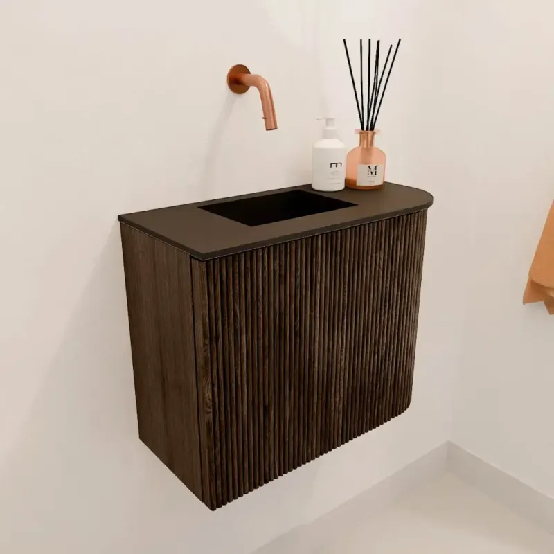 Snelle Levering Mondiaz Joya 50cm toiletmeubel ronding rechts walnut met wastafel faye links zonder kraangat urban