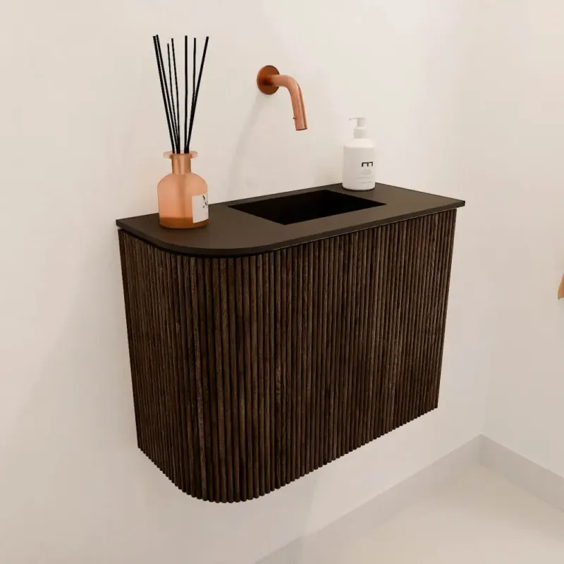 Mondiaz Joya 50cm toiletmeubel ronding links walnut met wastafel faye rechts zonder kraangat urban Uitverkoop