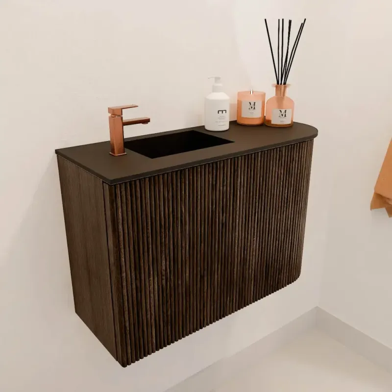 Korting Mondiaz Joya 60cm toiletmeubel ronding rechts walnut met wastafel faye links 1 kraangat urban