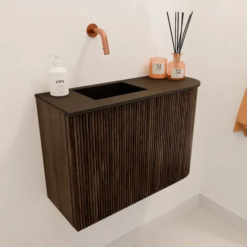 Mondiaz Joya 60cm toiletmeubel ronding rechts walnut met wastafel faye links zonder kraangat urban Dagaanbieding