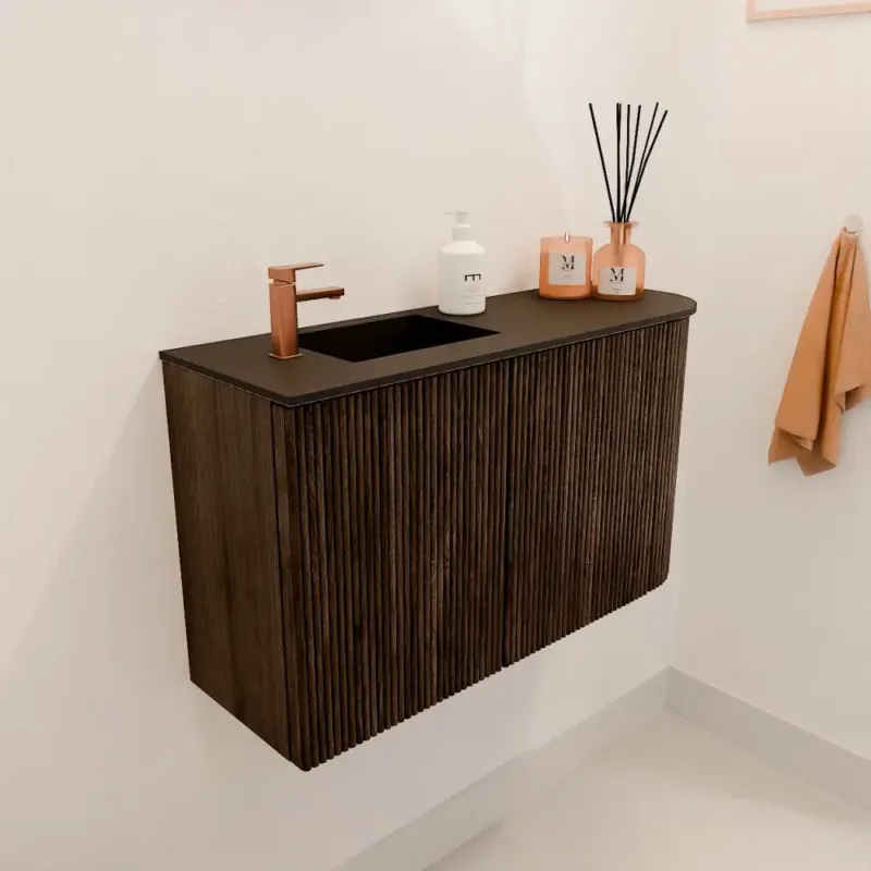 Mondiaz Joya 70cm toiletmeubel ronding rechts walnut met wastafel faye links 1 kraangat urban Lage Prijs