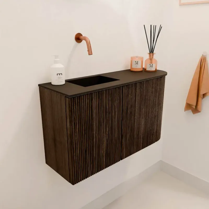 Mondiaz Joya 70cm toiletmeubel ronding rechts walnut met wastafel faye links zonder kraangat urban Koop Online