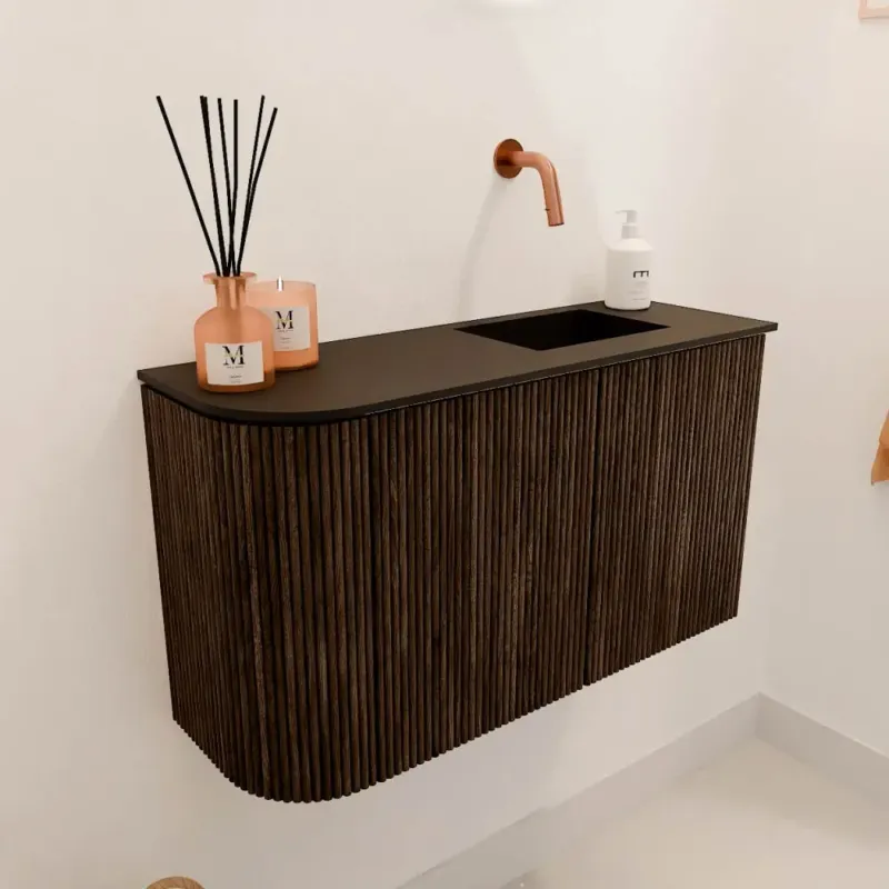 Mondiaz Joya 70cm toiletmeubel ronding links walnut met wastafel faye rechts zonder kraangat urban Uitverkoop
