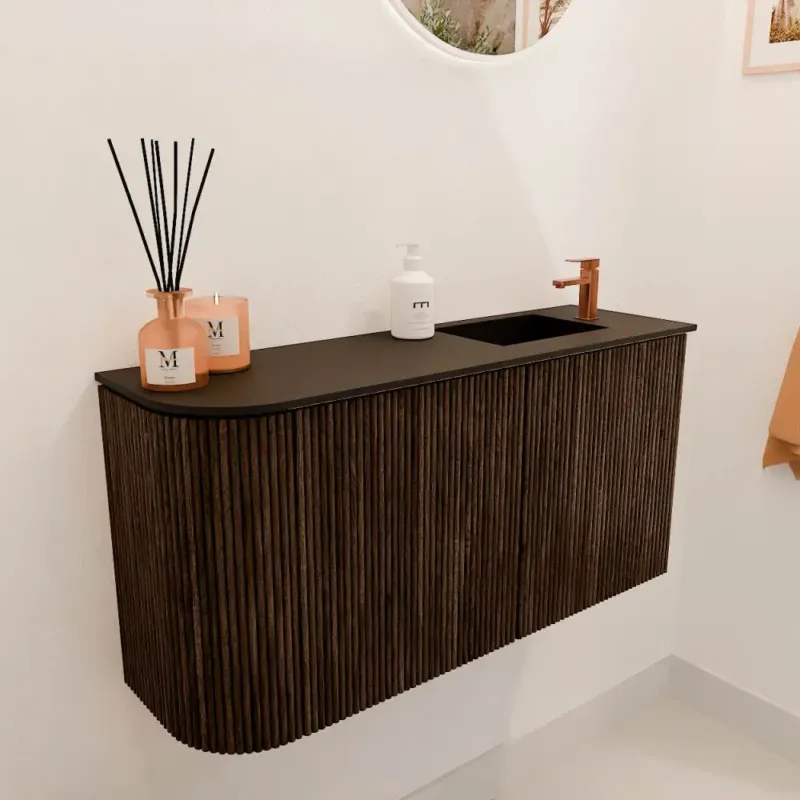 Express Levering Mondiaz Joya 80cm toiletmeubel ronding links walnut met wastafel faye rechts 1 kraangat urban