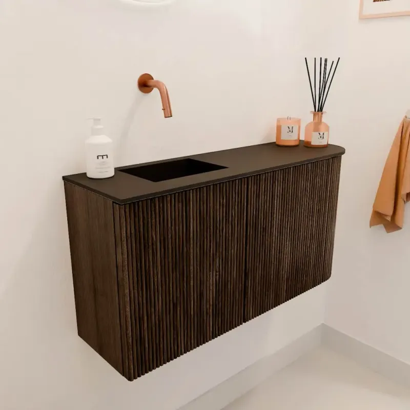Dagaanbieding Mondiaz Joya 80cm toiletmeubel ronding rechts walnut met wastafel faye links zonder kraangat urban