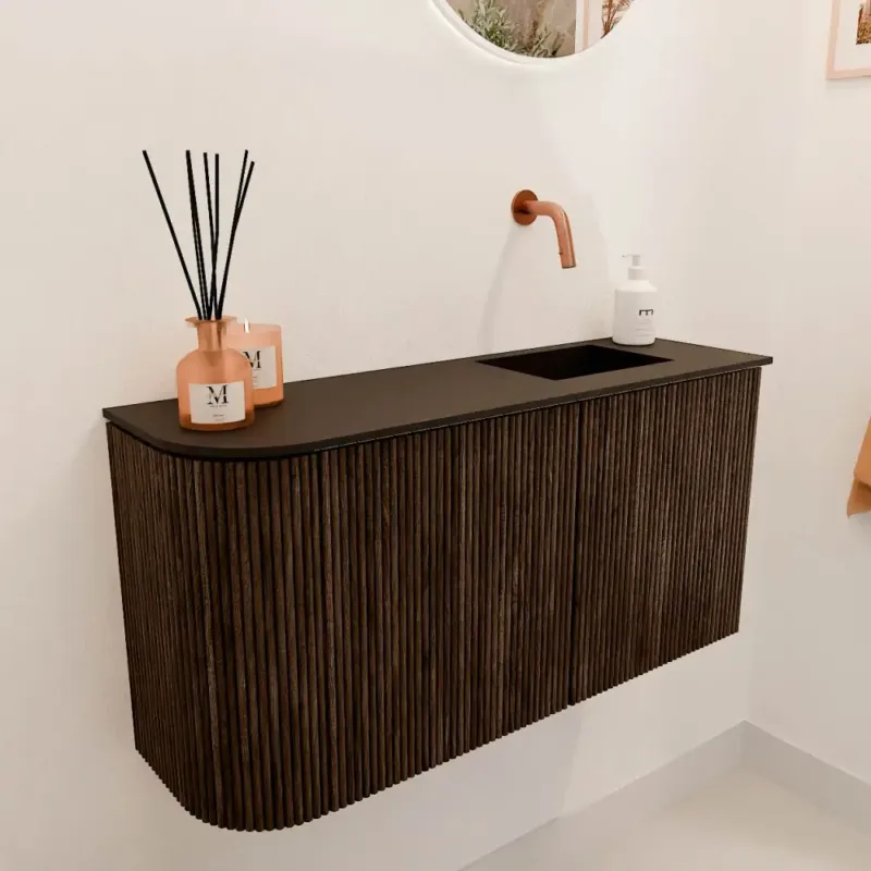 Rechtstreeks Van De Fabrikant Mondiaz Joya 80cm toiletmeubel ronding links walnut met wastafel faye rechts zonder kraangat urban