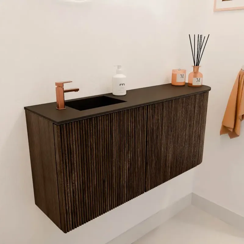Gecertificeerd Mondiaz Joya 90cm toiletmeubel ronding rechts walnut met wastafel faye links 1 kraangat urban