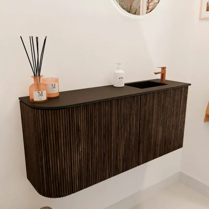 Weekendaanbieding Mondiaz Joya 90cm toiletmeubel ronding links walnut met wastafel faye rechts 1 kraangat urban