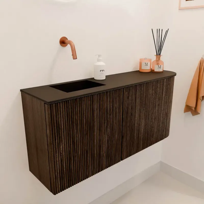 Mondiaz Joya 90cm toiletmeubel ronding rechts walnut met wastafel faye links zonder kraangat urban Seizoensaanbieding