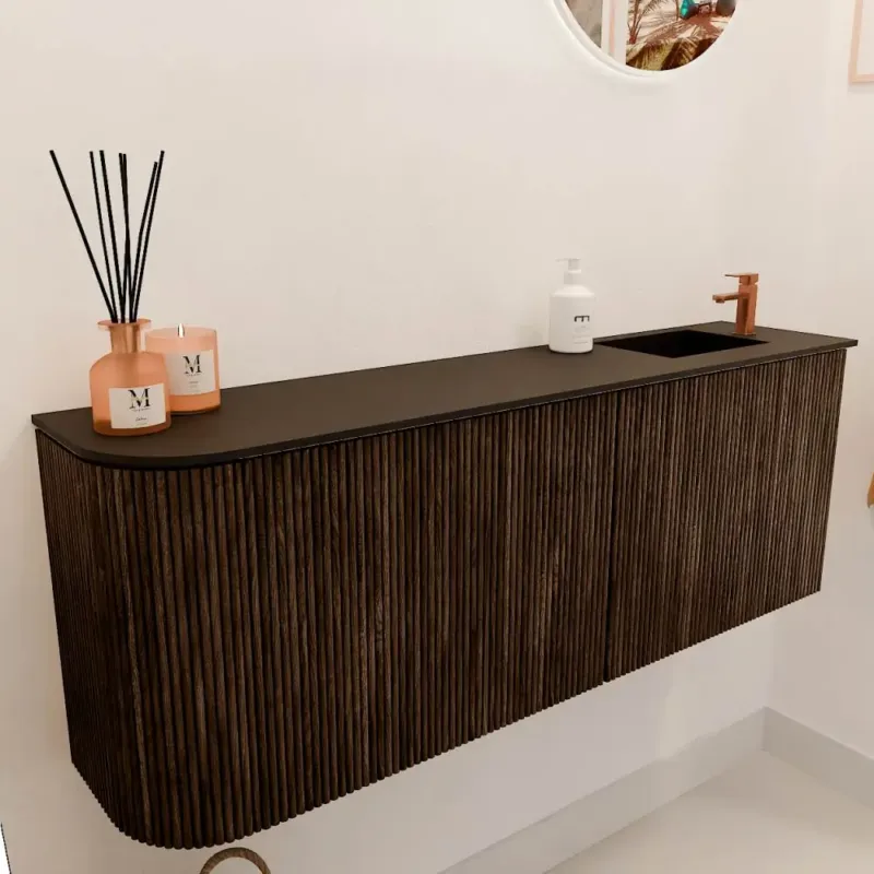 Direct Beschikbaar Mondiaz Joya 110cm toiletmeubel ronding links walnut met wastafel faye rechts 1 kraangat urban