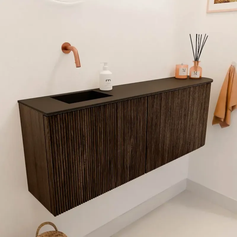 Beperkte Voorraad Mondiaz Joya 110cm toiletmeubel ronding rechts walnut met wastafel faye links zonder kraangat urban
