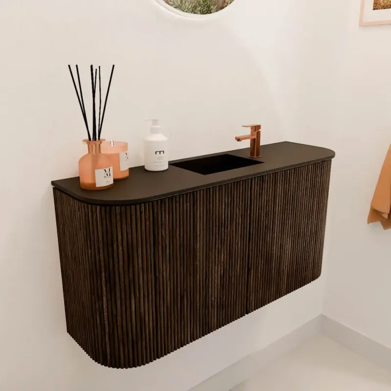 Mondiaz Joya 85cm toiletmeubel ronding links/rechts walnut met wastafel faye midden 1 kraangat urban Weekendaanbieding
