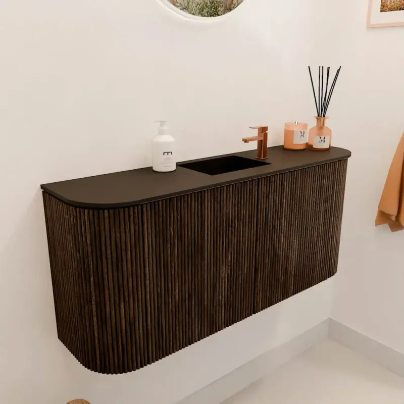 Mondiaz Joya 95cm toiletmeubel ronding links/rechts walnut met wastafel faye midden 1 kraangat urban Hete Deal