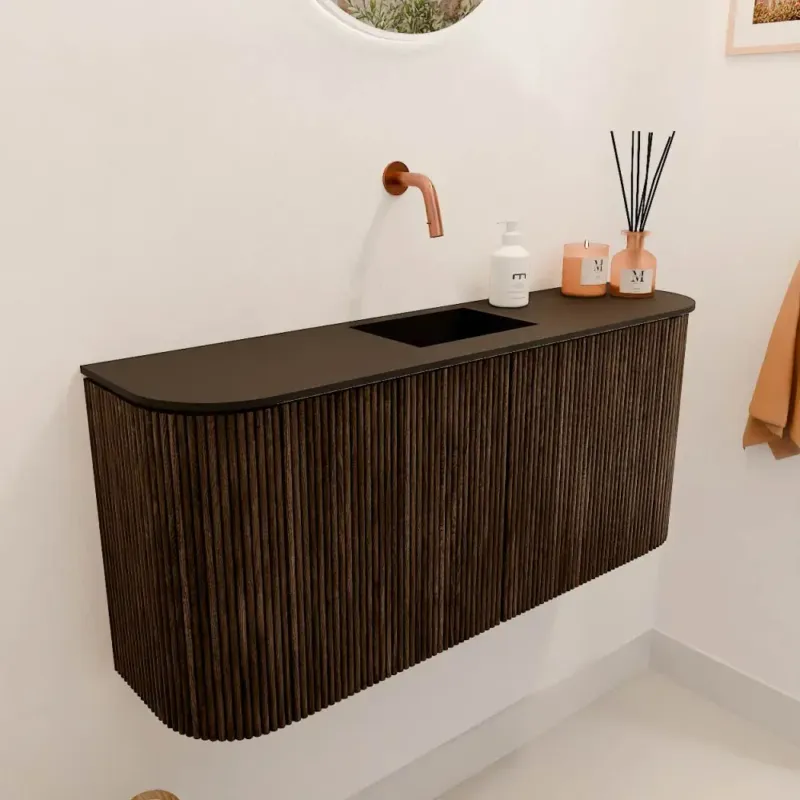 Actieprijs Mondiaz Joya 95cm toiletmeubel ronding links/rechts walnut met wastafel faye midden zonder kraangat urban