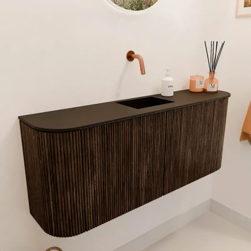 Direct Verzonden Mondiaz Joya 105cm toiletmeubel ronding links/rechts walnut met wastafel faye midden zonder kraangat urban
