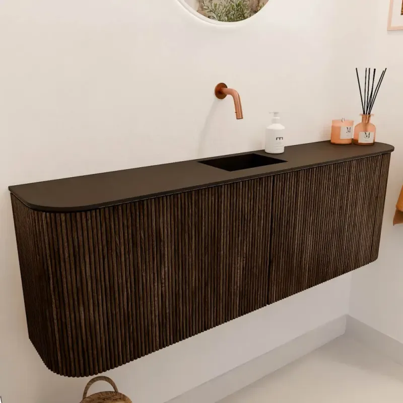Snelle Levering Mondiaz Joya 125cm toiletmeubel ronding links/rechts walnut met wastafel faye midden zonder kraangat urban