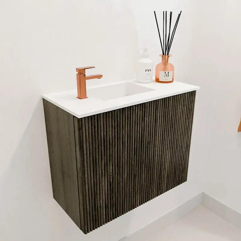 Koopje Mondiaz Joya 50cm toiletmeubel shadow met wastafel faye links 1 kraangat talc