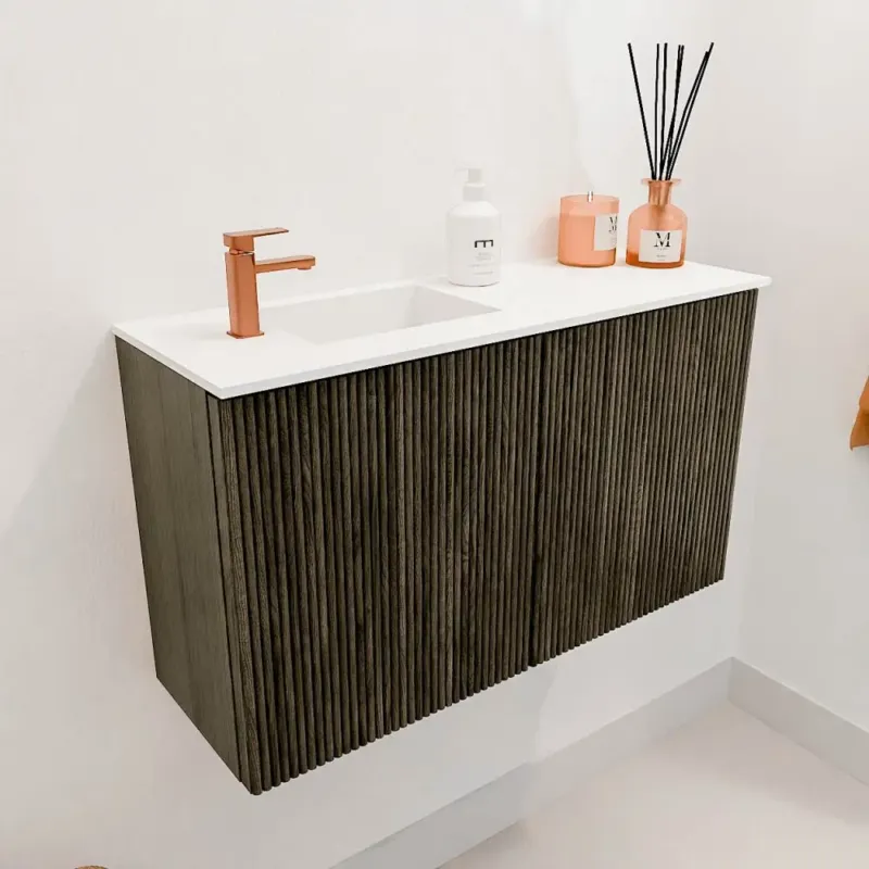 Mondiaz Joya 70cm toiletmeubel shadow met wastafel faye links 1 kraangat talc Nieuw