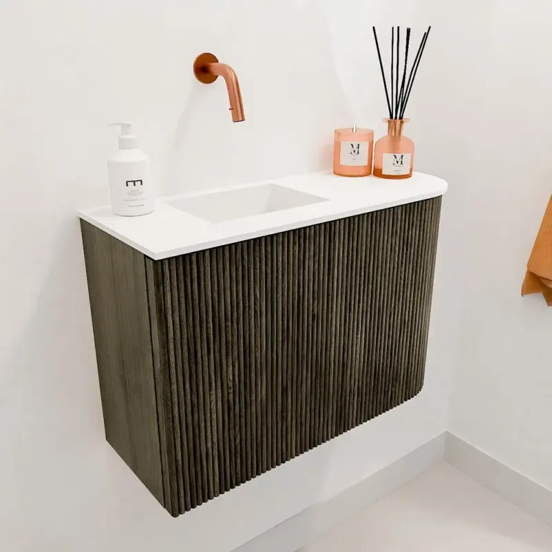 Mondiaz Joya 60cm toiletmeubel ronding rechts shadow met wastafel faye links zonder kraangat talc Tijdelijk Beschikbaar