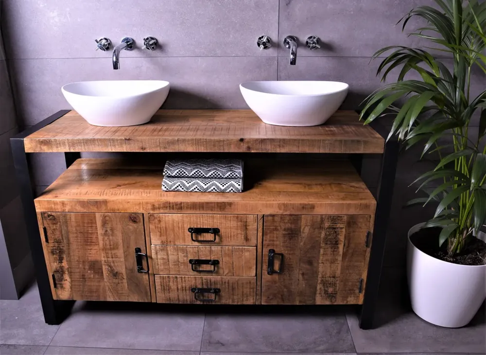MD Interior Woodz badkamermeubel 135cm 0 kraangaten mangohout met 2 keramische waskommen Lage Kosten