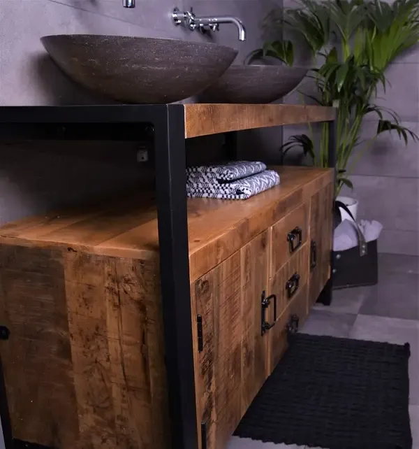 Seizoensaanbieding MD Interior Woodz badkamermeubel 135cm 0 kraangaten met 2 natuursteen waskommen