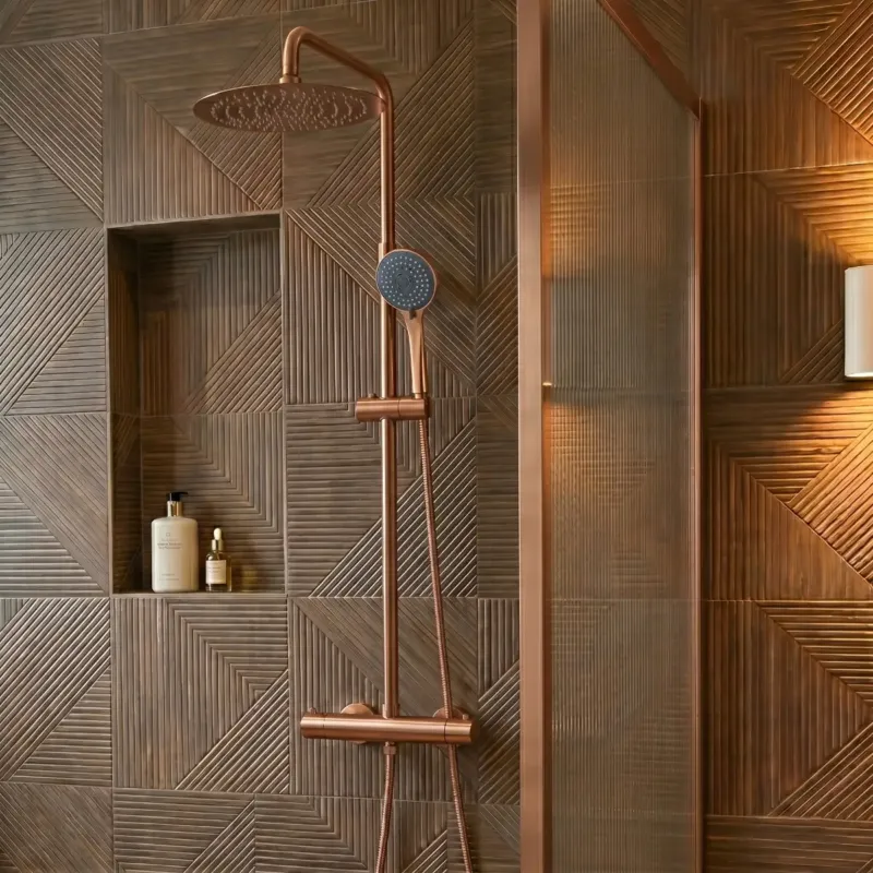 Hoge Kwaliteit Saniclear Copper opbouw regendouche 20cm met thermostaatkraan en 3 standen handdouche koperkleurig