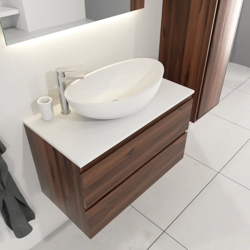 SaniGoods Sally badkamermeubel 80cm donker eiken met Solid Surface waskom ovaal Lage Kosten
