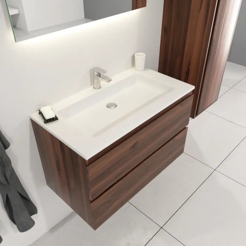 Seizoensaanbieding SaniGoods Sally badkamermeubel 80cm donker eiken met Solid Surface wastafel rechthoek