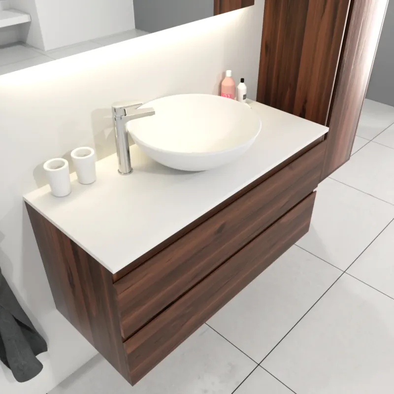 SaniGoods Sally badkamermeubel 100cm donker eiken met Solid Surface waskom rond Hoge Kwaliteit