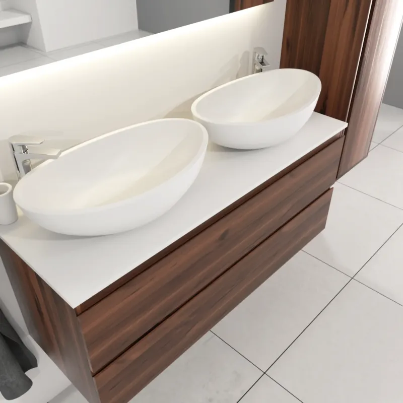 Aanbieding SaniGoods Sally badkamermeubel 120cm donker eiken met dubbele Solid Surface waskom ovaal