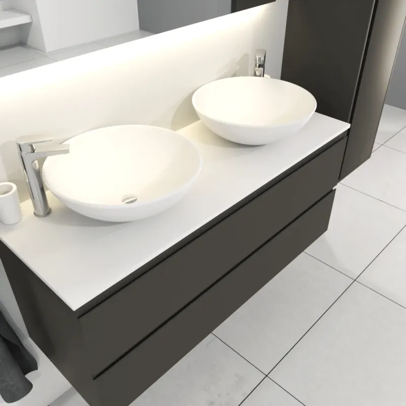 Fabrieksprijs SaniGoods Sally badkamermeubel 120cm 0 kraangaten grijs mat met dubbele Solid Surface waskom rond