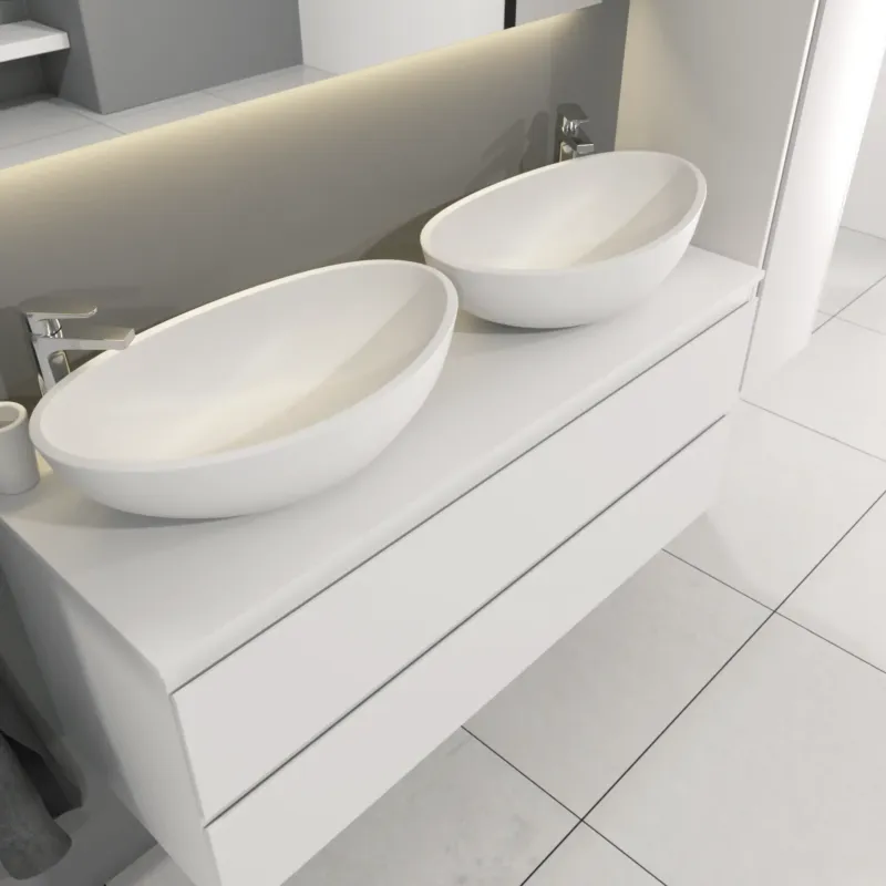 Fabrieksprijs SaniGoods Sally badkamermeubel 120cm wit mat met dubbele Solid Surface waskom ovaal