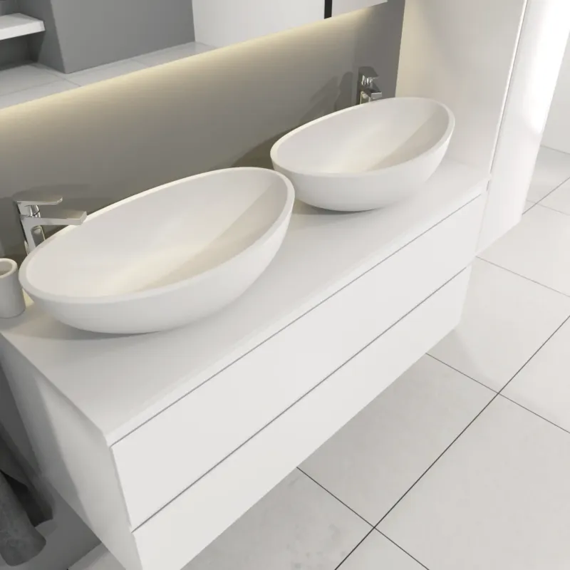 SaniGoods Sally badkamermeubel 120cm wit glans met dubbele Solid Surface waskom ovaal Speciale Aanbieding