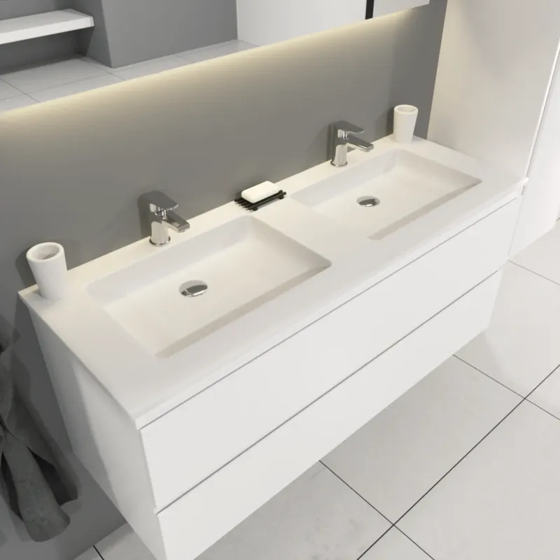 SaniGoods Sally badkamermeubel 120cm wit glans met dubbele Solid Surface wastafel rechthoek Flitsaanbieding
