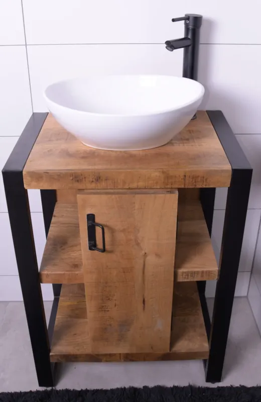 MD Interior Mocu mangohout wastafelmeubel 60cm met keramische kom Snelle Levering
