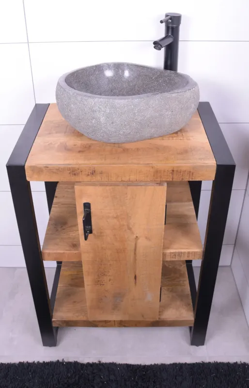 MD Interior Mocu mangohout wastafelmeubel 60cm met rivierstenen kom Koop Vandaag