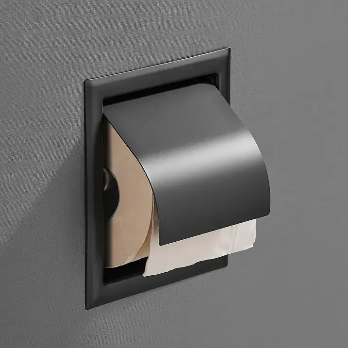 Saniclear Nero inbouw toiletrol houder met klep mat zwart Voordeelprijs