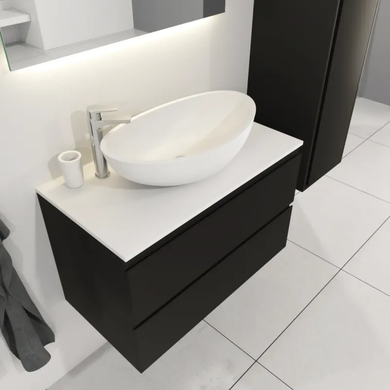 SaniGoods Sally badkamermeubel 80cm zwart mat met Solid Surface waskom ovaal Exclusieve Aanbieding