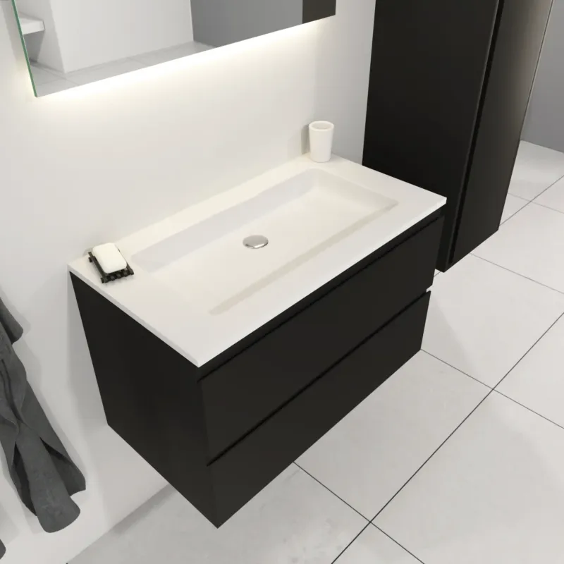 SaniGoods Sally badkamermeubel 80cm zwart mat met Solid Surface wastafel rechthoek zonder kraangat Uitverkoop