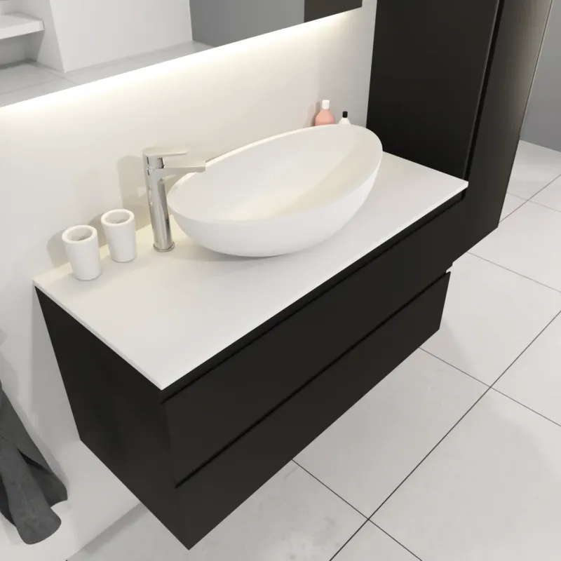 Snelle Levering SaniGoods Sally badkamermeubel 100cm zwart mat met Solid Surface waskom ovaal