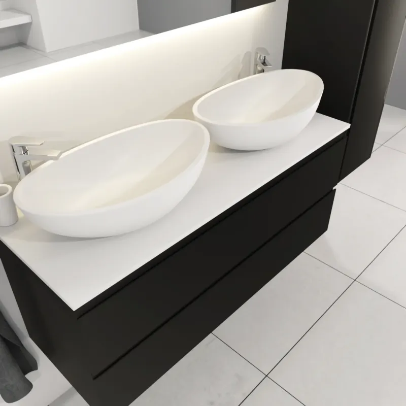 SaniGoods Sally badkamermeubel 120cm zwart mat met dubbele Solid Surface waskom ovaal Betaalbaar
