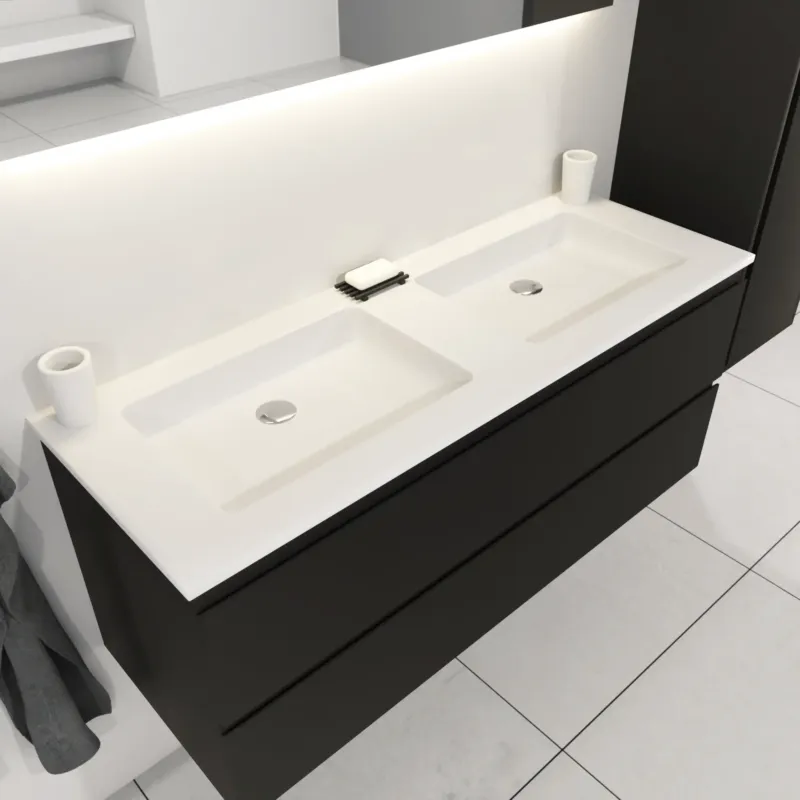 SaniGoods Sally badkamermeubel 120cm zwart mat met dubbele Solid Surface wastafel rechthoek zonder kraangat Bestseller