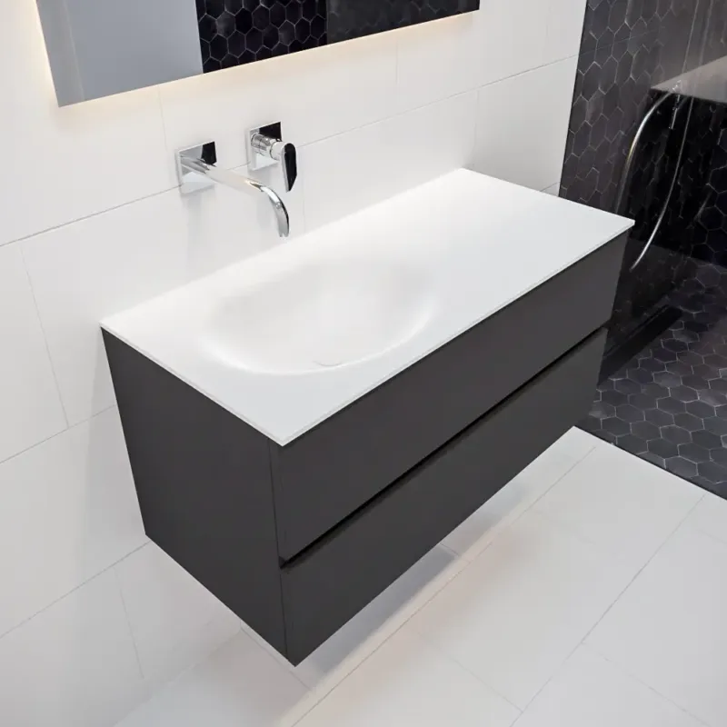 Exclusieve Aanbieding Mondiaz Vica 100cm badmeubel dark grey 2 lades wastafel Moon links geen kraangat
