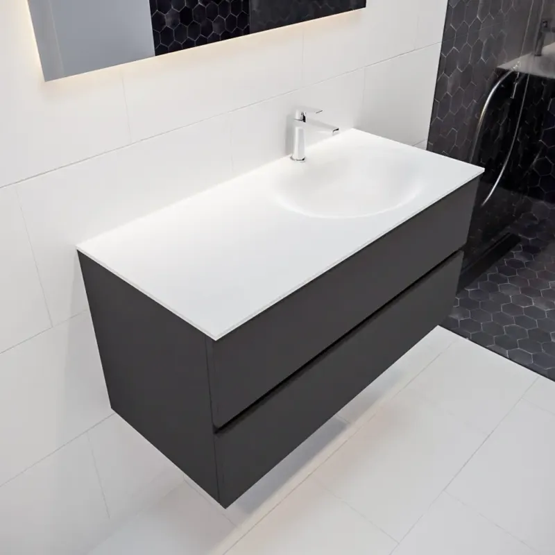 Mondiaz Vica 100cm badmeubel dark grey 2 lades wastafel Moon rechts 1 kraangat Nieuw