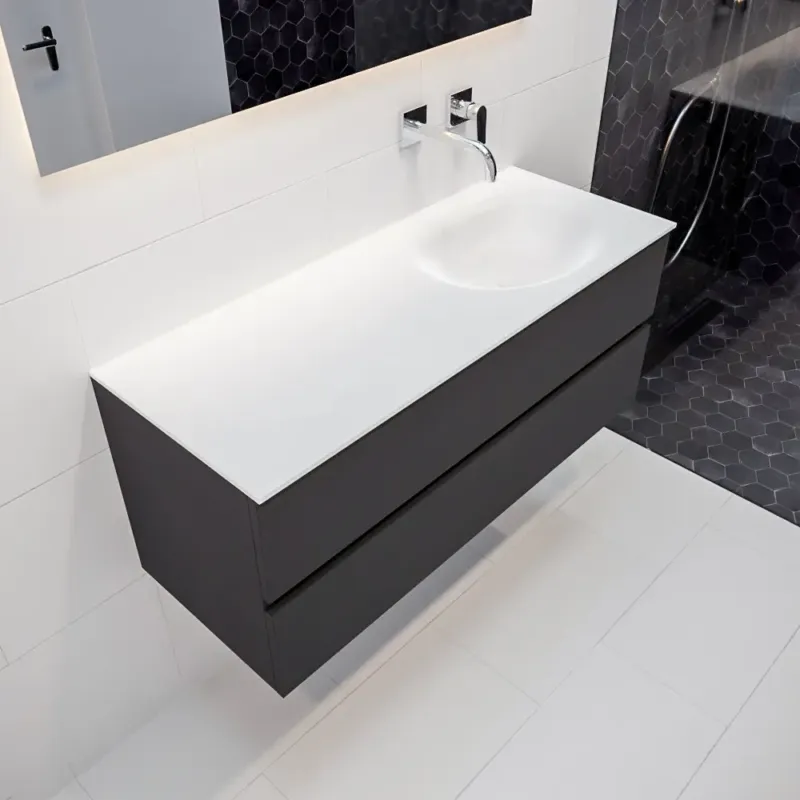 Mondiaz Vica 120cm badmeubel darkgrey 2 lades wastafel Moon rechts geen kraangat Direct Beschikbaar