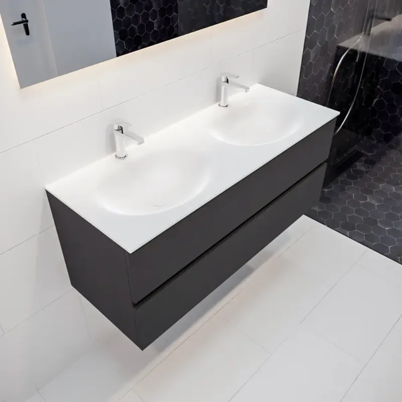 Lage Prijs Mondiaz Vica 120cm badmeubel dark grey 2 lades wastafel Moon dubbel 2 kraangaten