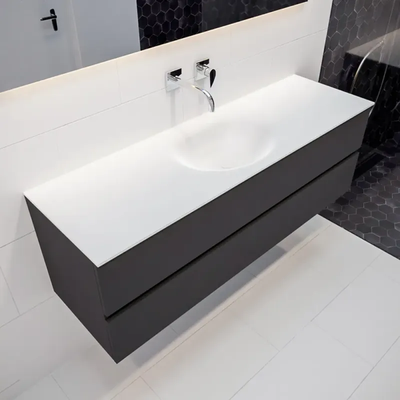 Gereduceerde Prijs Mondiaz Vica 150cm badmeubel darkgrey 2 lades wastafel Moon midden geen kraangat